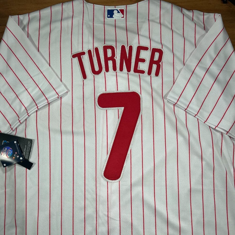 Trea Turner #7 Philadelphia Phillies Stitched Pinstriped Jersey Men's Sizes - Picture 7 of 7